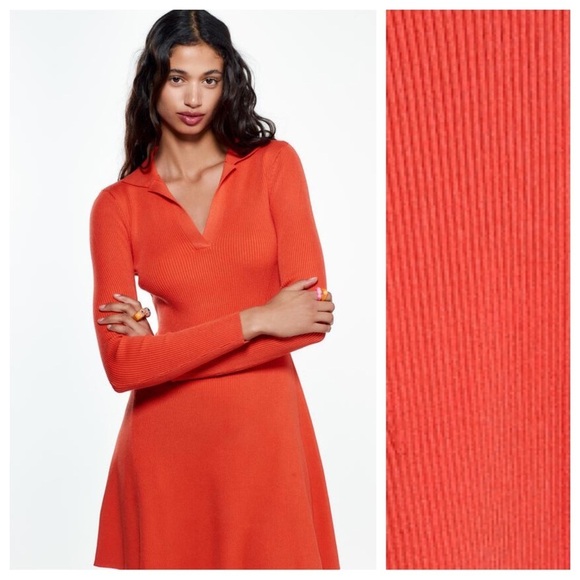 NWT. Zara Orange Knitted V-Neck Mini Dress. Size L. - Picture 4 of 12